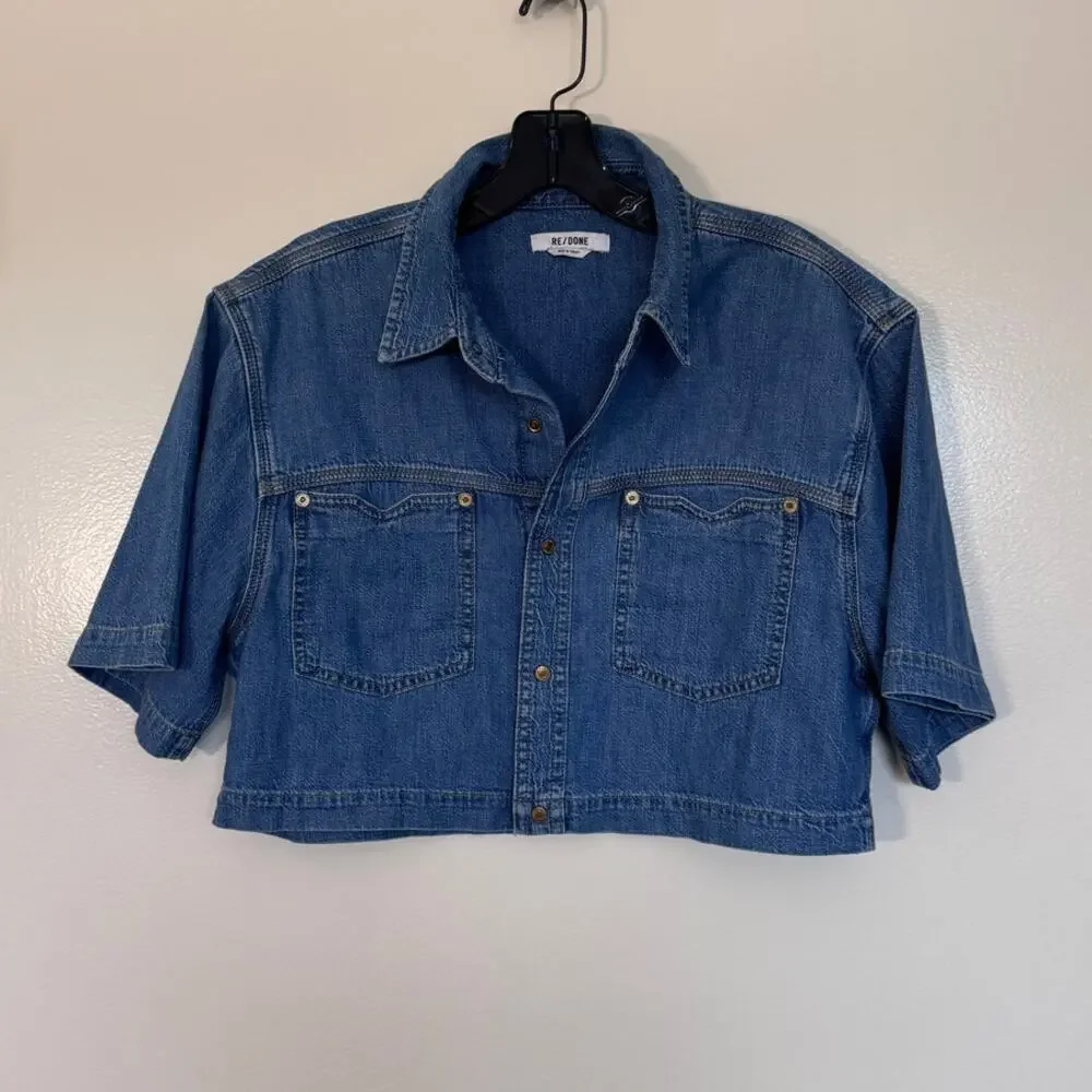 RE/DONE Oversized Crop Shirt in Rustic Indigo Size Large - Picture 3 of 6
